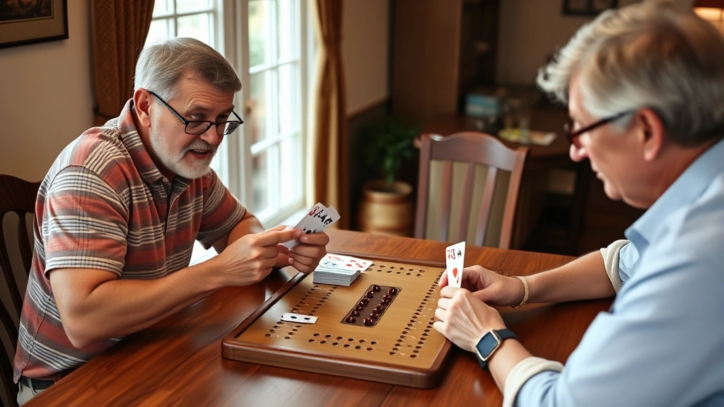 Two people playing cribbage at a table, one player calculating hand score while reviewing their four cards plus starter card, cribbage board between them with visible peg positions, casual home setting, natural window lighting