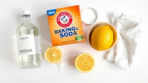 Overhead view of natural copper cleaning ingredients arranged on white surface: vinegar bottle, baking soda box, lemon halves, salt container, and soft cloth ready for polishing project