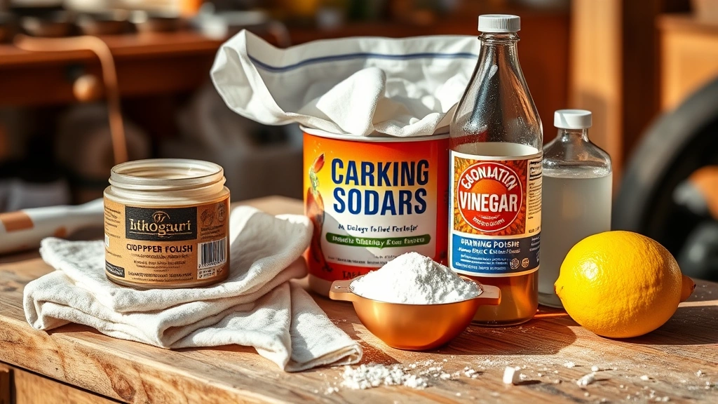 Arranged collection of copper polishing materials including cream polish jar, soft cloths, baking soda, vinegar bottle, and lemon on wooden workbench with natural daylight