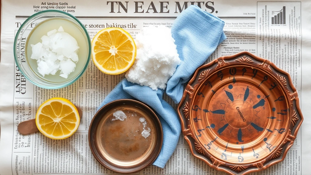 Overhead view of copper polishing supplies arranged on newspaper: bowl of vinegar-salt solution, lemon halves, baking soda, soft bristle brush, microfiber cloths, and a tarnished copper decorative plate