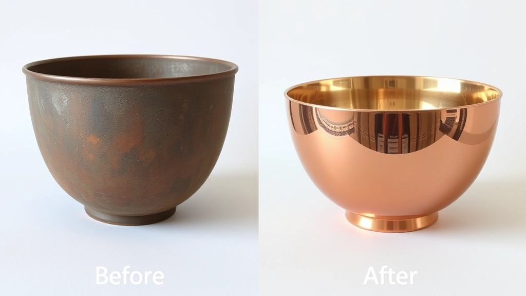 Before and after comparison showing tarnished oxidized copper bowl on left side and brilliantly polished reflective copper bowl on right side, side by side against neutral background