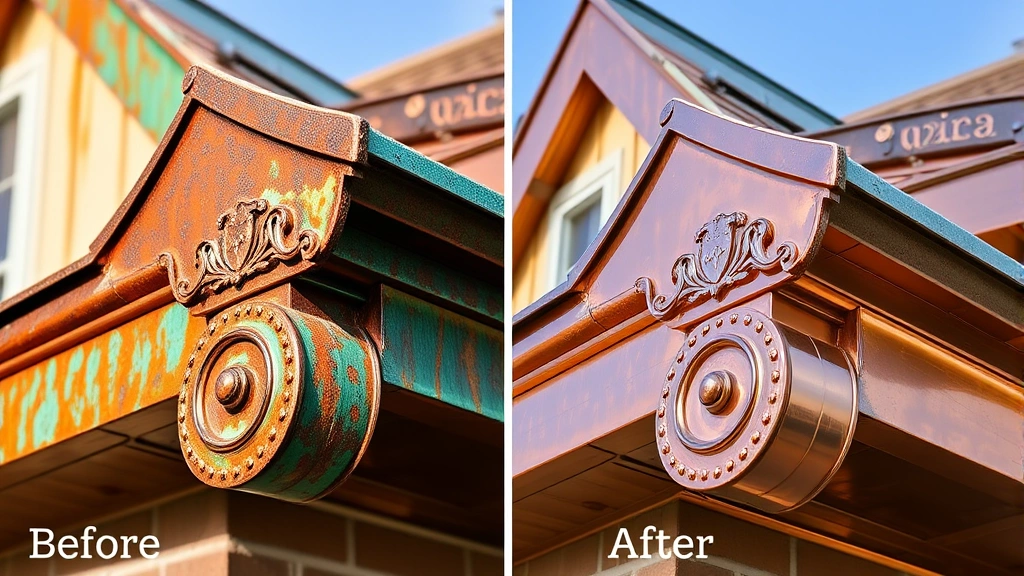 Before and after split image: left side shows heavily oxidized green verdigris copper architectural detail, right side shows same copper restored to bright polished finish with clear reflections