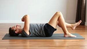 Person performing figure-four stretch lying on back on yoga mat, showing proper hip stretching form with relaxed posture