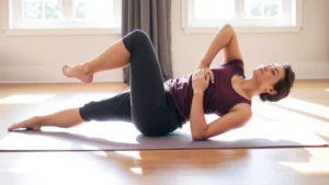 Person performing supine figure-four hip stretch on yoga mat, lying on back with right foot on floor and left ankle crossed over right thigh, hands gently pulling right knee toward chest, peaceful expression, bright natural light from window