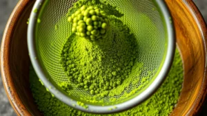 Close-up of vibrant bright green matcha powder being sifted through fine mesh strainer into ceramic bowl, showing fine powder particles in detail