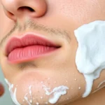 Close-up of a person's face showing freshly moisturized, smooth skin after shaving, with a quality razor and warm steam visible in background, depicting proper post-shave care routine