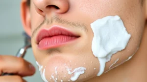 Close-up of a person's face showing freshly moisturized, smooth skin after shaving, with a quality razor and warm steam visible in background, depicting proper post-shave care routine
