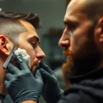 Professional barber demonstrating proper razor blade angle and technique on male face with warm lather, side profile showing correct shaving direction with grain