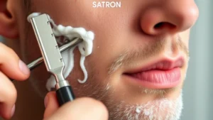 Close-up of a person's face showing proper shaving technique with a sharp safety razor, warm lather, and light pressure being applied. Professional grooming setup with quality shaving cream and brush.