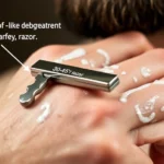 Close-up of a person's hand demonstrating proper razor angle during shaving with a safety razor, showing the 30-45 degree angle against skin with warm lather visible