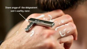 Close-up of a person's hand demonstrating proper razor angle during shaving with a safety razor, showing the 30-45 degree angle against skin with warm lather visible