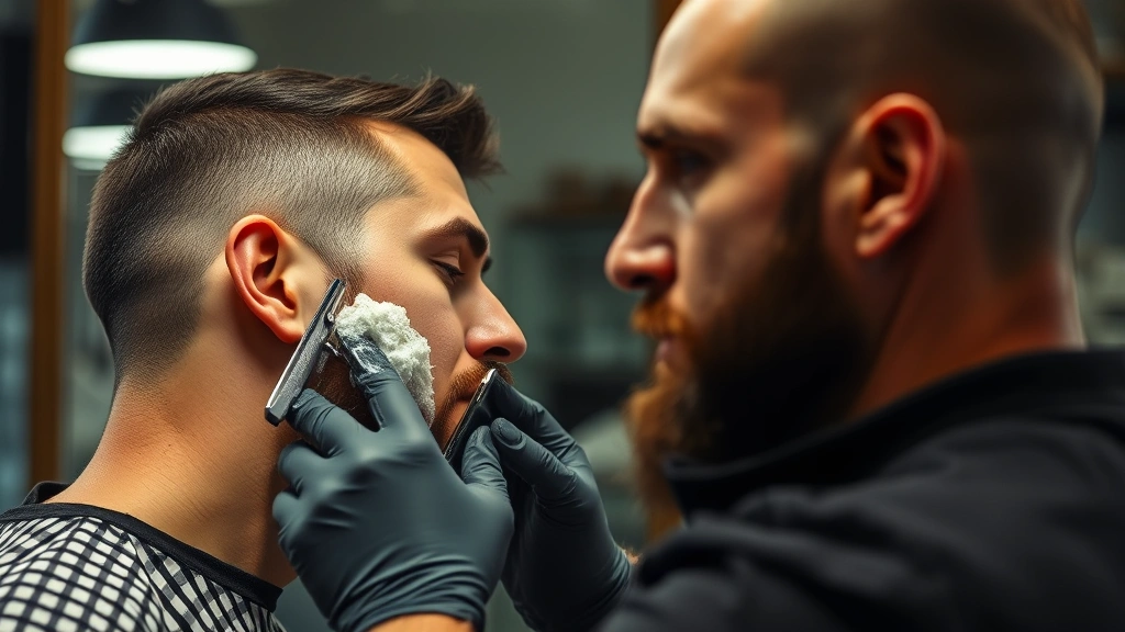 Professional barber demonstrating proper razor blade angle and technique on male face with warm lather, side profile showing correct shaving direction with grain