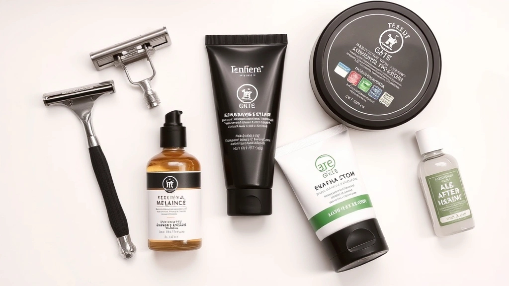 Overhead view of shaving essentials laid out: safety razor, shaving cream, exfoliating scrub, aloe aftershave balm, and moisturizer on a clean white bathroom counter