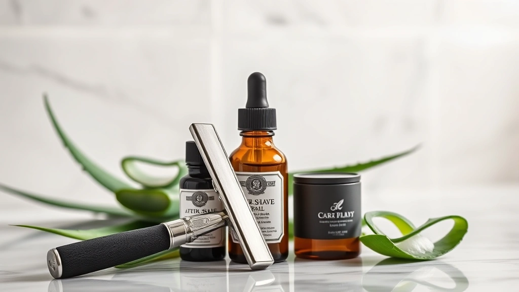 Close-up of high-quality safety razor and aftershave balm bottles on marble countertop with fresh aloe vera leaves and warm steam in background