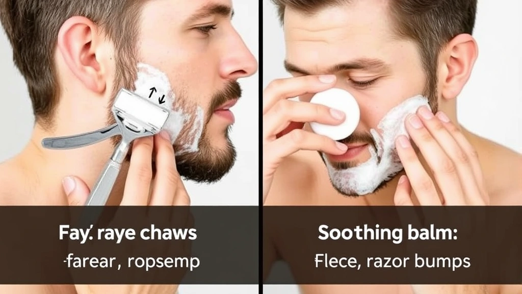 Side-by-side comparison showing proper shaving direction with hair growth arrows, gentle razor angle technique, and a person applying soothing aftershave balm to prevent razor bumps