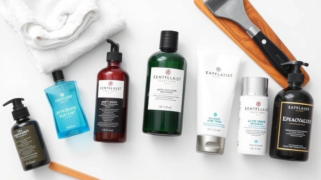 Flat lay of dermatologist-recommended post-shave products including aftershave toner, moisturizer, and exfoliating products arranged on clean white surface with towels and grooming tools.