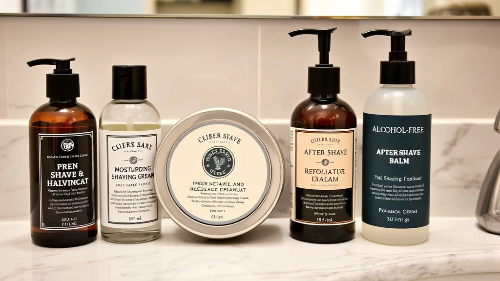 Bathroom counter displaying quality shaving products including pre-shave oil, moisturizing shaving cream, alcohol-free aftershave balm, and exfoliating treatment bottles arranged neatly