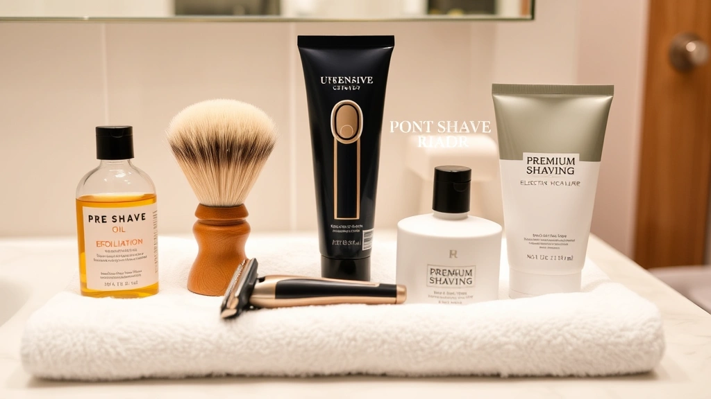 Bathroom vanity setup showing pre-shave oil, exfoliating brush, premium shaving cream, electric razor, and post-shave moisturizer arranged neatly on white towel