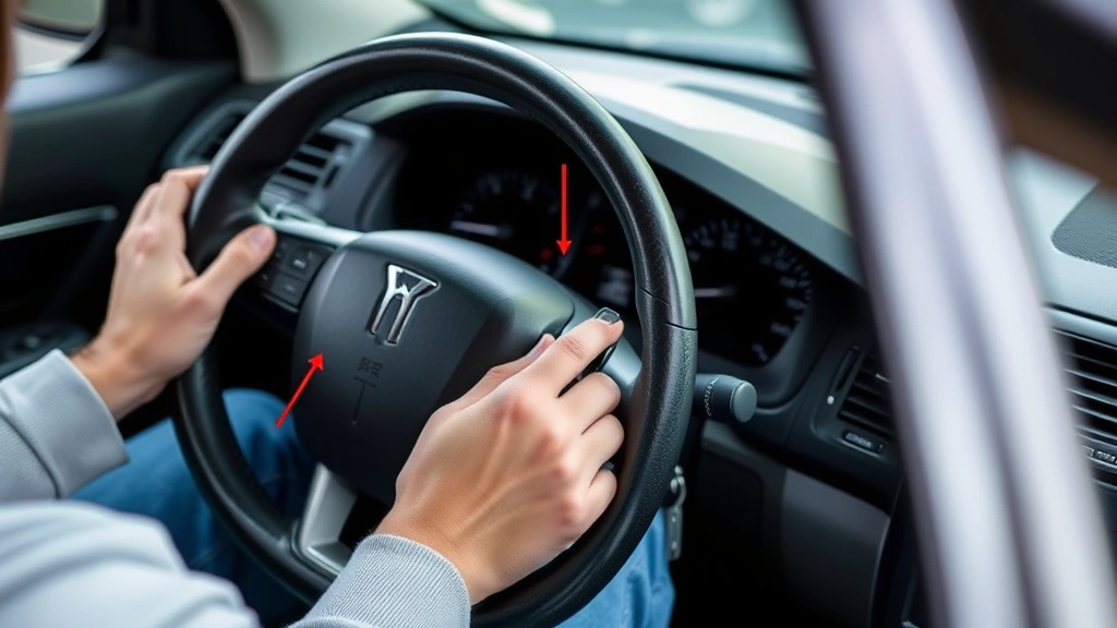 Person sitting in driver's seat with hands on steering wheel near ignition, demonstrating key fob programming procedure, clear view of dashboard and ignition switch