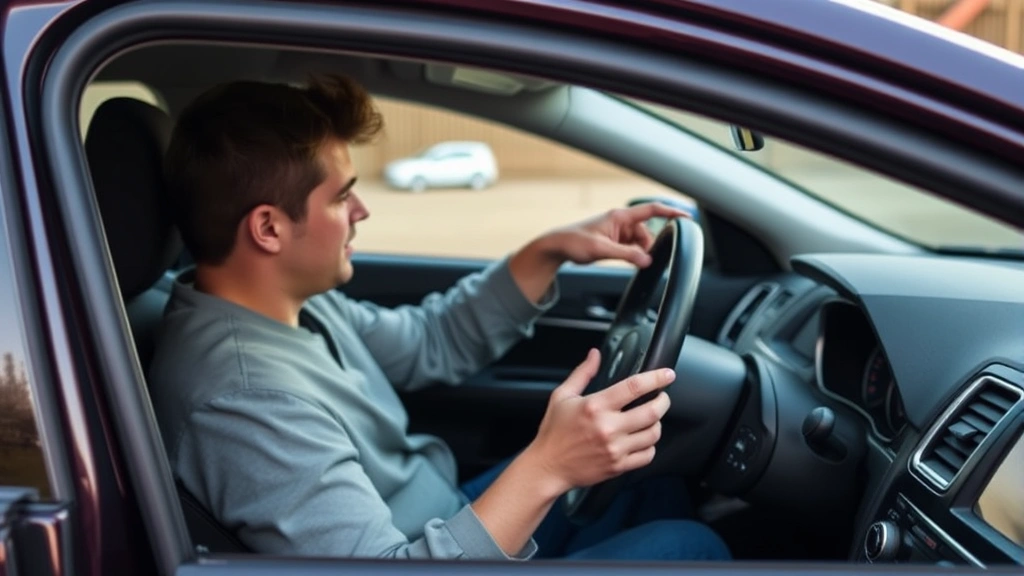 Person sitting in driver's seat of a car with door open, hand on steering wheel and ignition, showing key fob programming setup with dashboard visible