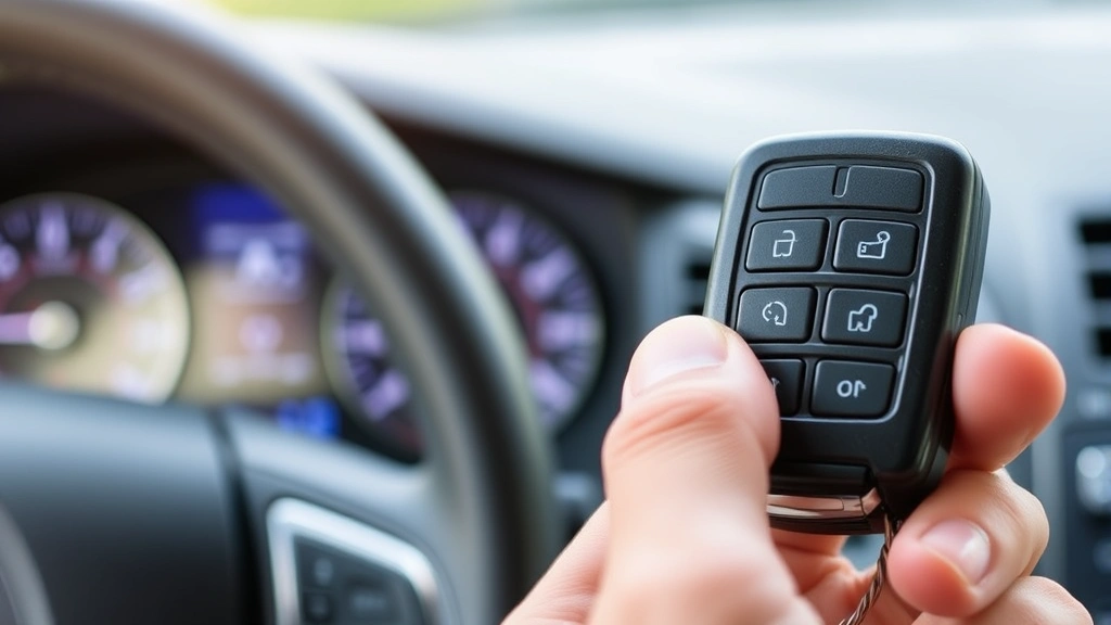 Detailed view of key fob buttons being pressed with a car's door locks and dashboard visible in background, showing the testing phase of fob programming