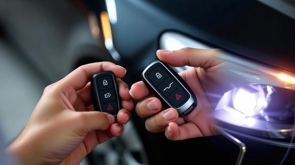 Hands holding a programmed key fob next to a car, with the vehicle's lights flashing or headlights on, indicating successful fob programming confirmation
