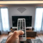 Close-up overhead view of hands holding a silver universal remote with glowing buttons pointed at a modern flat-screen television in a living room, showing IR signal transmission