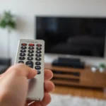 Close-up of hands holding a silver universal remote with illuminated buttons and red infrared transmitter window visible, pointing toward a television in a modern living room setup