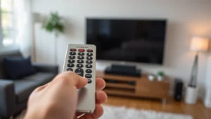 Close-up of hands holding a silver universal remote with illuminated buttons and red infrared transmitter window visible, pointing toward a television in a modern living room setup