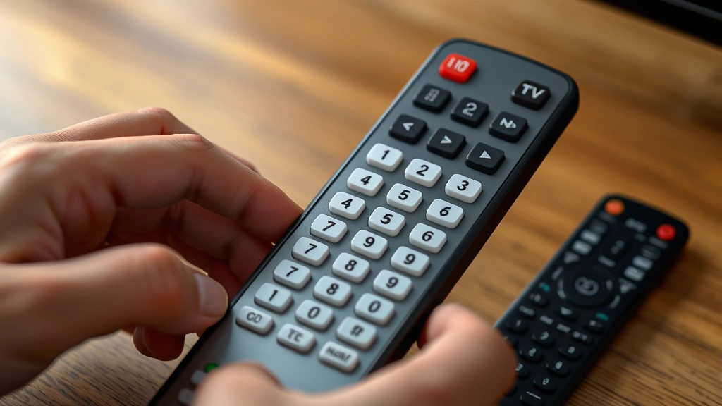 Detailed shot of someone's hands entering numeric codes on a universal remote's keypad during programming setup, with a TV remote visible nearby on a wooden table