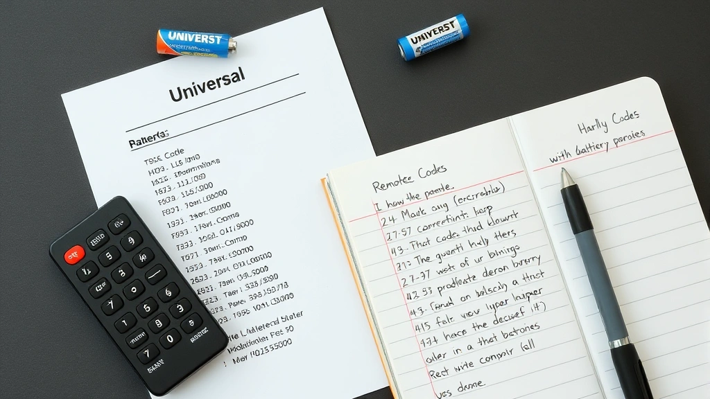 Flat lay photograph showing universal remote, device code list printout, fresh batteries, and notepad with handwritten device codes and programming notes organized neatly