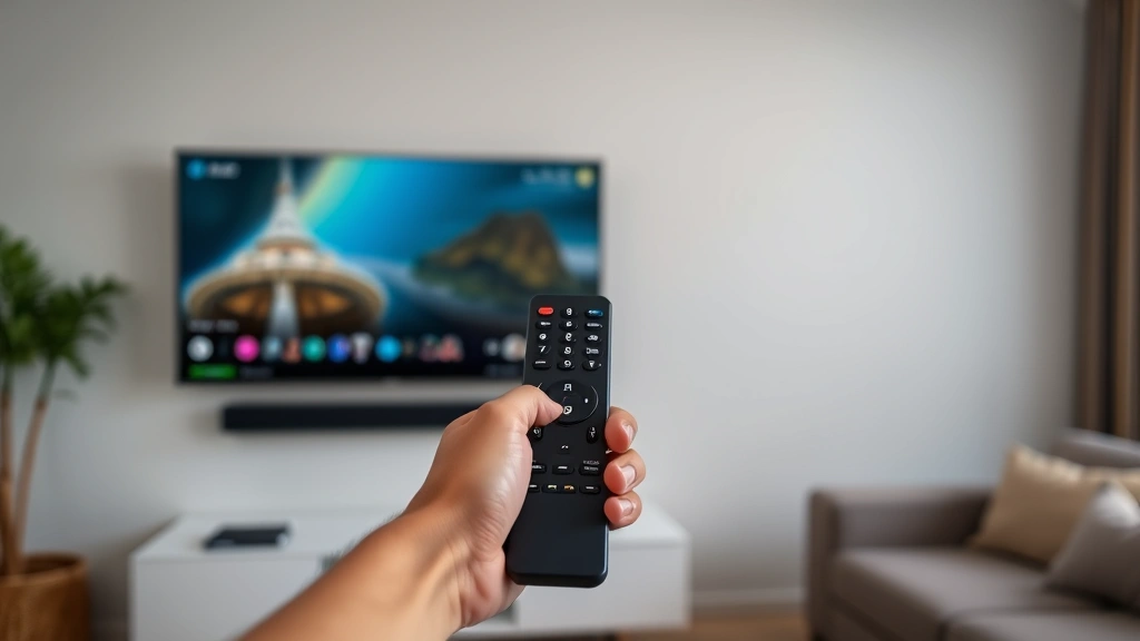 Person's hands holding a universal remote pointed at a flat-screen television mounted on wall during programming setup, living room setting