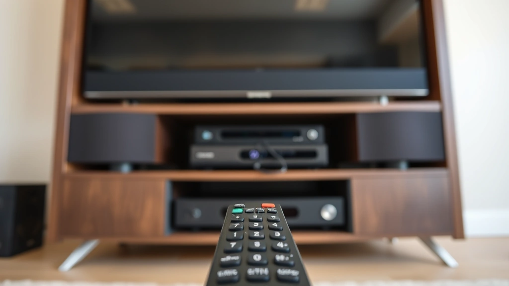 Wide angle of a home entertainment center with multiple devices stacked including a soundbar, streaming device, and cable box, with a universal remote in foreground ready for programming