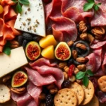 Close-up overhead shot of an elegant charcuterie board featuring artfully arranged cured meats, aged cheeses, fresh grapes, figs, candied nuts, and rustic crackers on a wooden surface with natural lighting