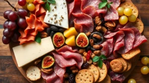 Close-up overhead shot of an elegant charcuterie board featuring artfully arranged cured meats, aged cheeses, fresh grapes, figs, candied nuts, and rustic crackers on a wooden surface with natural lighting