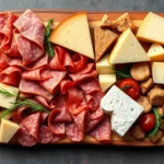 Overhead shot of a wooden charcuterie board displaying arranged cured meats including prosciutto, soppressata, and salami in loose folds, with various aged cheeses cut into wedges and cubes positioned strategically around the board, professional food photography style with natural lighting