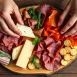 Close-up of hands carefully arranging cured meats and cheeses on a wooden charcuterie board with fresh herbs and crackers, natural lighting from above