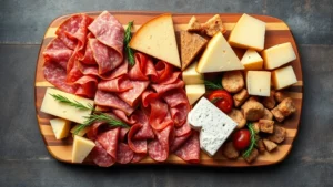 Overhead shot of a wooden charcuterie board displaying arranged cured meats including prosciutto, soppressata, and salami in loose folds, with various aged cheeses cut into wedges and cubes positioned strategically around the board, professional food photography style with natural lighting
