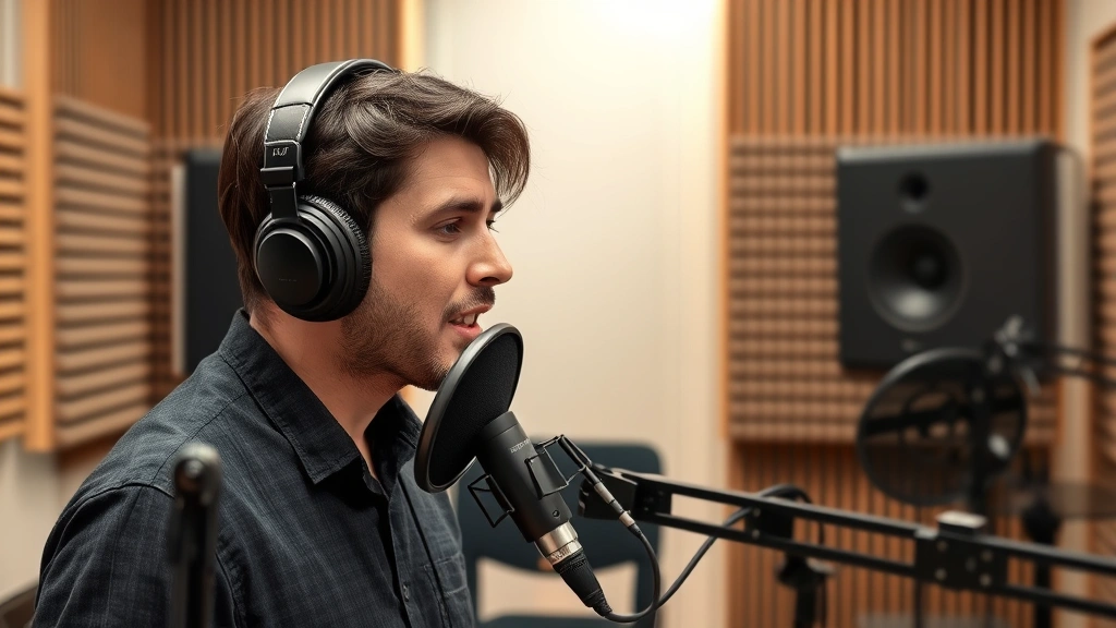 Person speaking into microphone in recording studio with acoustic panels, demonstrating mouth position for pronunciation practice, professional setup