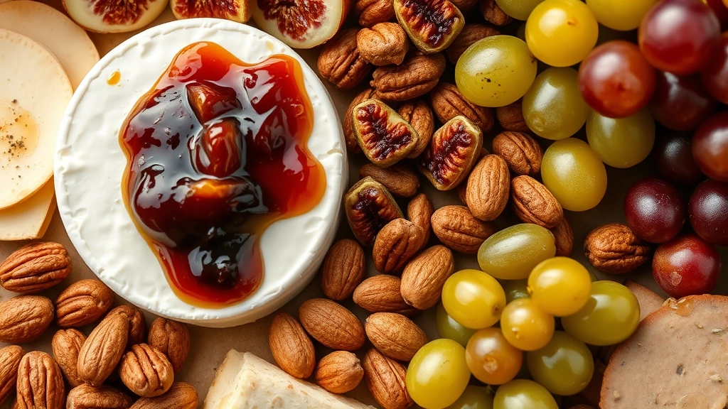 Close-up detail of a luxury charcuterie board featuring soft Brie cheese with fig jam, candied pecans, fresh grapes in both red and green varieties, marcona almonds in small piles, and honeycomb or honey drizzle, shot from above showing color contrast and arrangement details