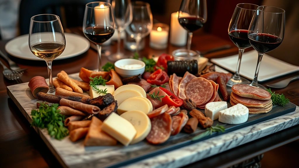 Beautifully styled charcuterie board at a dinner party with wine glasses, fresh herbs, and various preserved meats and cheese selections arranged on marble or slate with soft ambient lighting