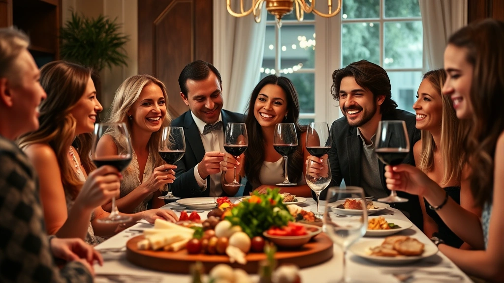 Diverse group of people at dinner party smiling while discussing food, holding wine glasses near a charcuterie board, elegant table setting