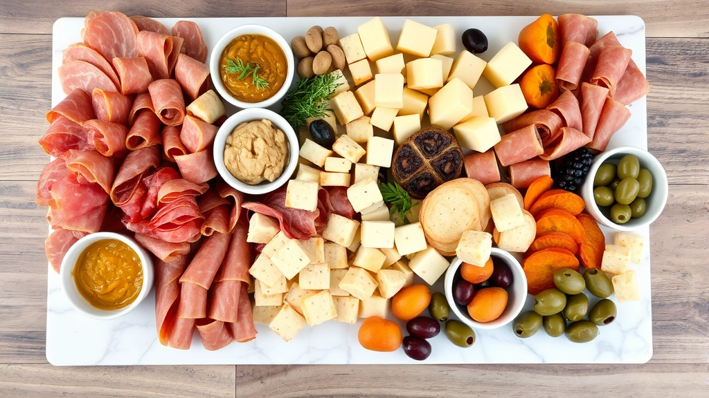 Complete charcuterie board presentation showing height variation with rolled cured meats, stacked cheese cubes, small bowls containing whole grain mustard and roasted garlic paste, scattered fresh fruits including apple slices and dried apricots, water crackers arranged in piles, olives, and pickles arranged asymmetrically on marble board