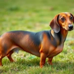 Close-up of a long-bodied dachshund standing in a grassy outdoor area, showing its distinctive elongated shape and short legs, professional pet photography style