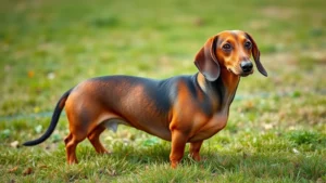 Close-up of a long-bodied dachshund standing in a grassy outdoor area, showing its distinctive elongated shape and short legs, professional pet photography style