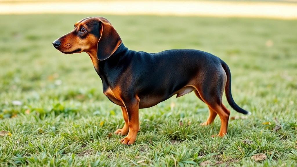 Dachshund dog standing in profile on grass showing full body length, medium distance shot, natural daylight, professional pet photography style