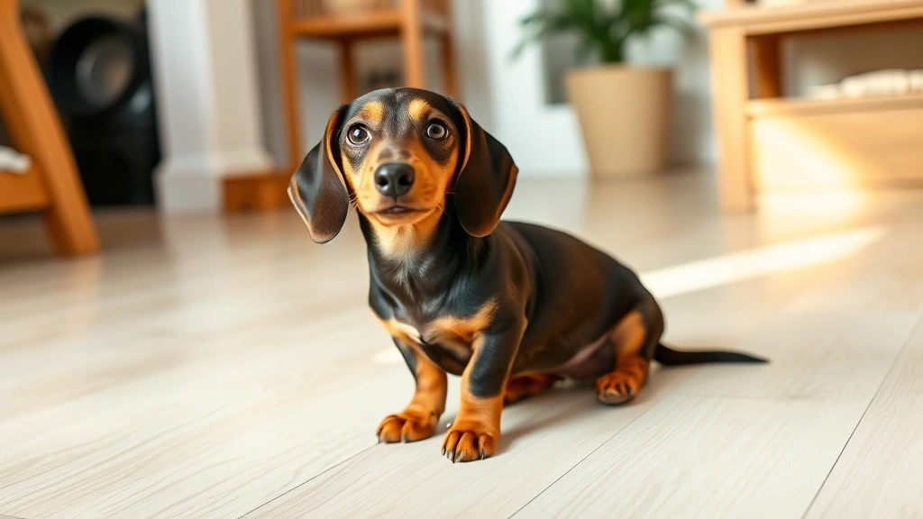 Dachshund puppy sitting indoors on a light-colored floor, looking up at camera with alert expression, natural lighting, warm home environment