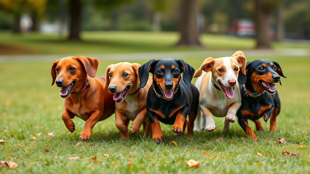 Group of dachshunds of different colors (red, black and tan, cream) playing together outdoors in a park setting, action shot, photorealistic