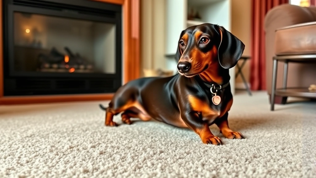 Adult dachshund in a relaxed pose on a carpeted living room floor near a fireplace, showing the breed's characteristic body structure and smooth coat