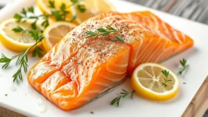 Close-up of fresh salmon fillet on white cutting board with lemon slices and fresh herbs, professional food photography, bright natural lighting, detailed texture visible